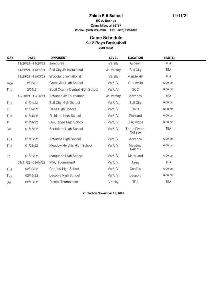 High School Basketball Schedule Updated